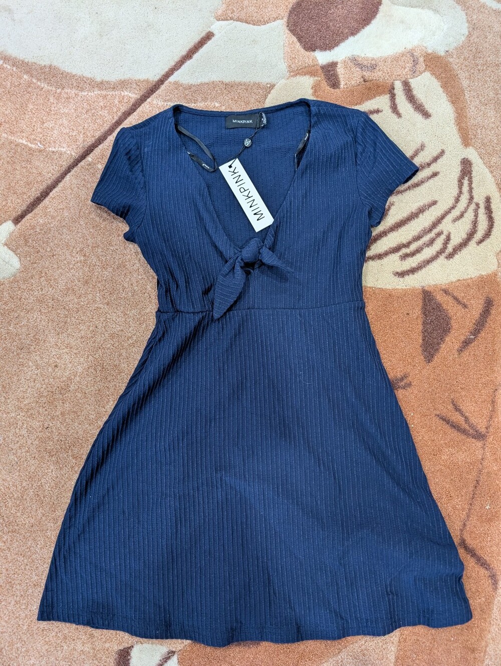 MINKPINK Navy Tie-Front Ribbed Mini Dress